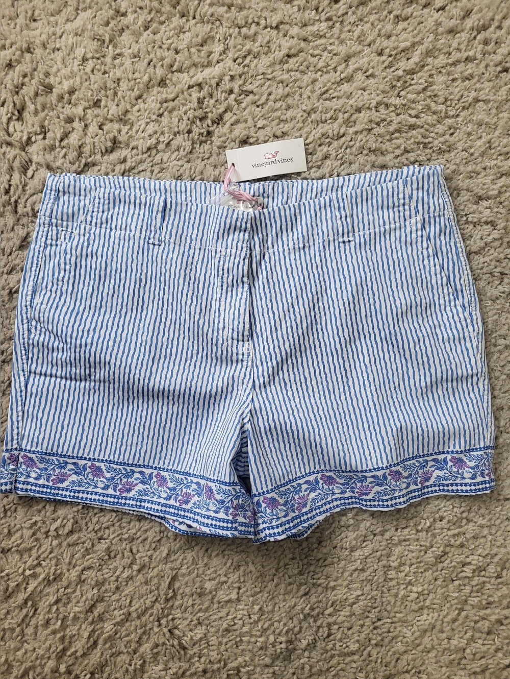 Vineyard Vines Blue and White Striped Shorts with Floral Border, Size 16